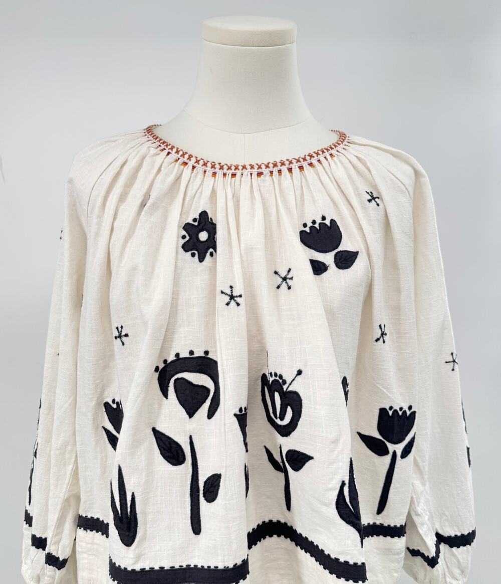 The Great. White Black Embroidered Top Scandi Floral Tie Back Tassel Small 1